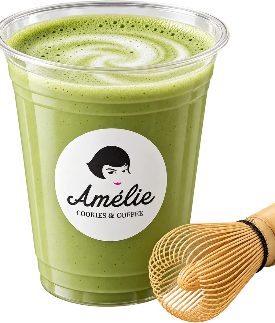 Matcha latte „Amélie“ puodelyje su bambukine plakimo šluotele