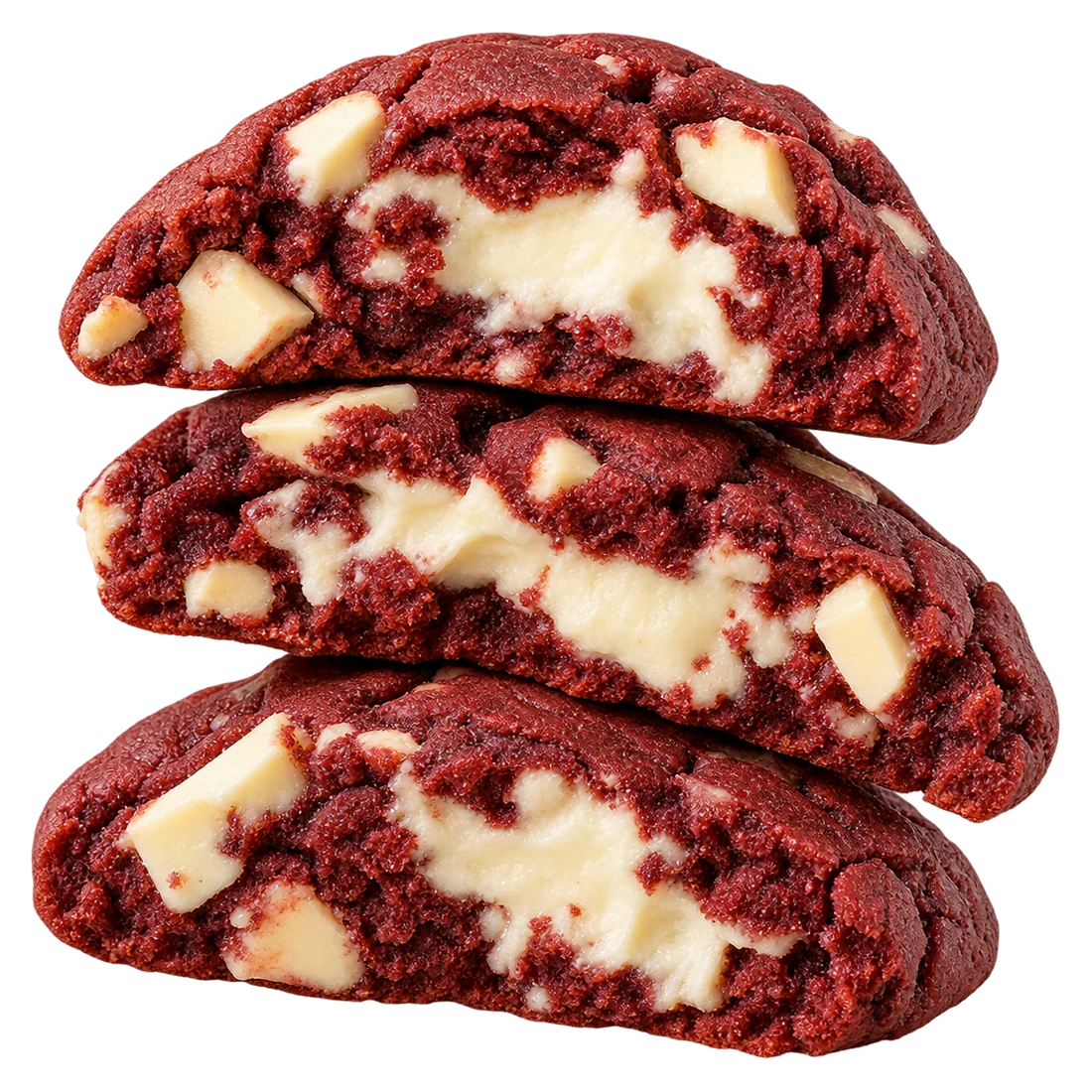 Perpjauti Red Velvet sausainiai su kreminio sūrio įdaru ir baltuoju šokoladu